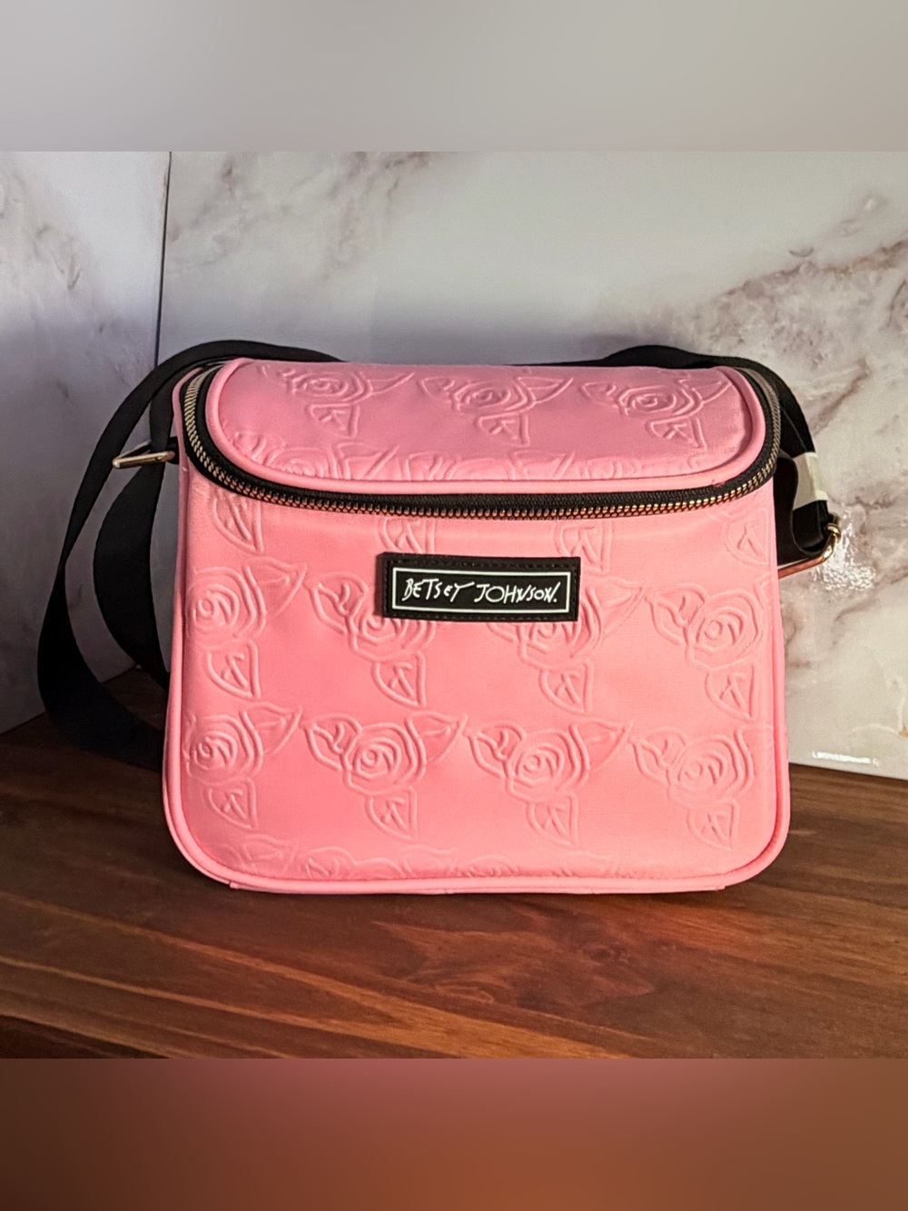Betsey Johnson Pink Rose-Embossed Crossbody insulated Bag
